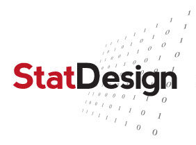 A red and black logo with the word stat design in front of binary code.